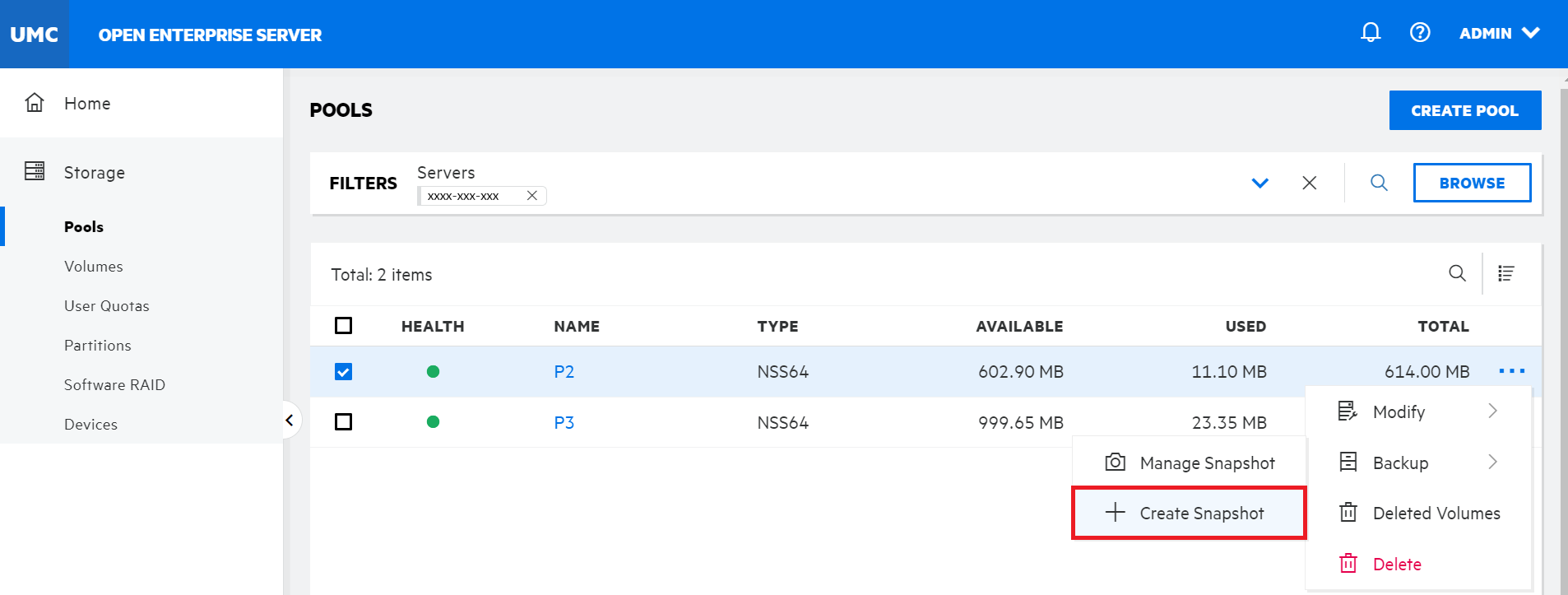 How to create a pool snapshot? OES 2023 Unified Management Console
