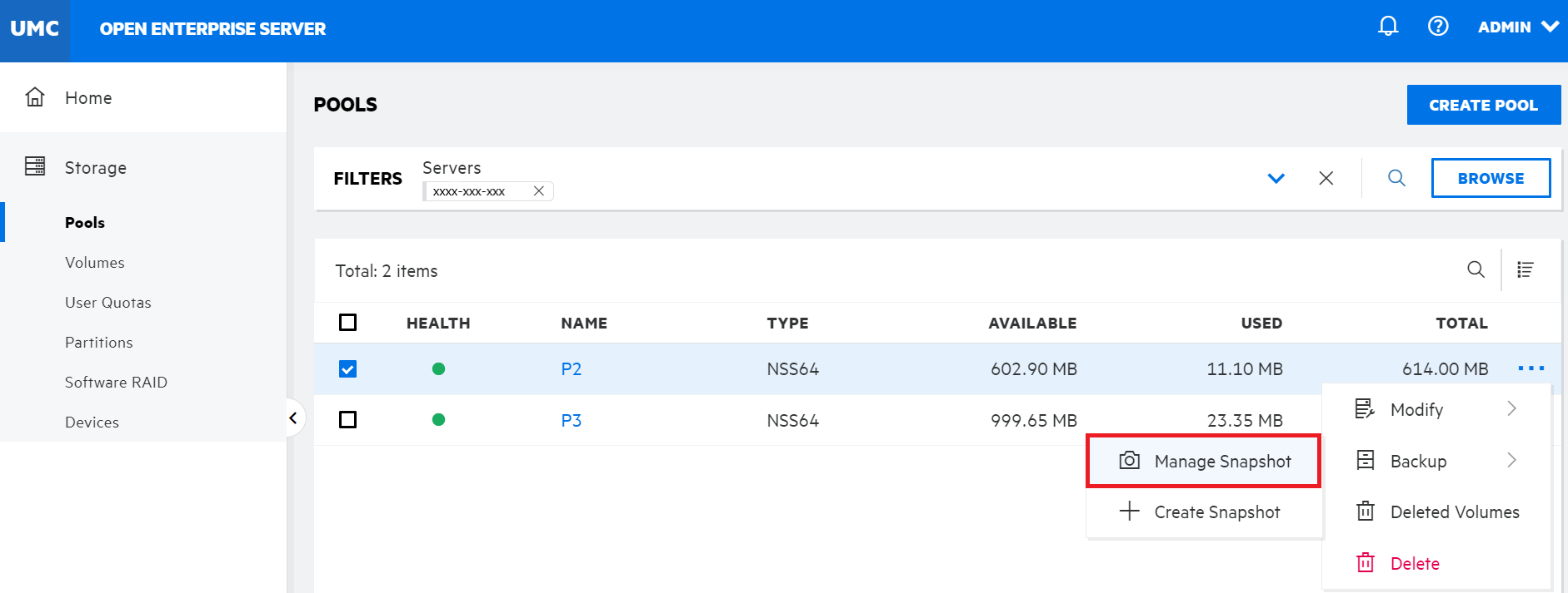 How to list pool snapshots? OES 23.4 Unified Management Console