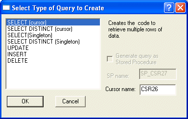 Select Type of Query to Create Dialog Box