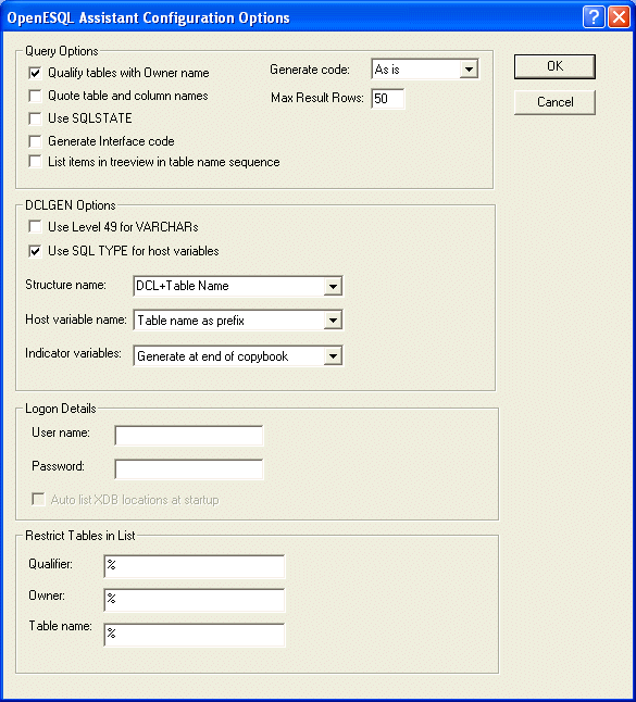 OpenESQL Assistant Configuration Options