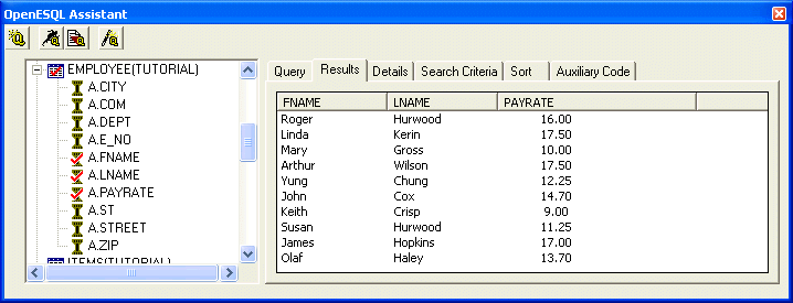 OpenESQL Assistant Showing Results