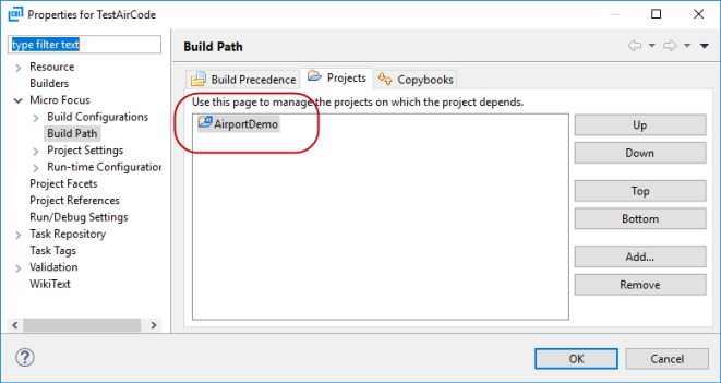 Test project added to Build Path properties