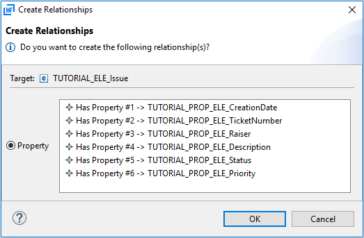 The Create Relationships dialog box for TUTORIAL_ELE_Issue
