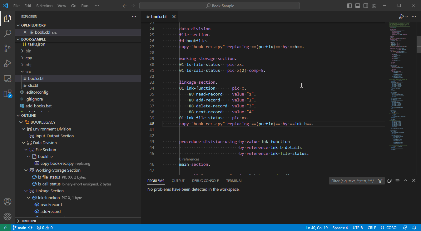 Peek Definition showing a copybook in the Micro Focus COBOL extension